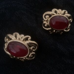 Trifari vintage red stone goldtone earrings